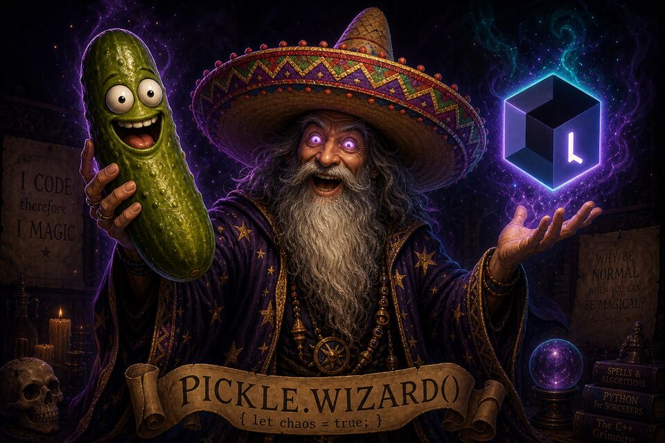 A wizard in a sombrero holds a giant pickle with a face in one hand and a glowing cube in the other—no thoughts, just magic.